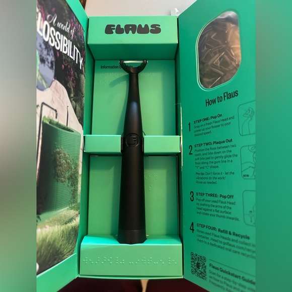 Flaus Electric Flosser Starter Kit + 90 brush head refills Black NEW SEALED NIB - Picture 3 of 8